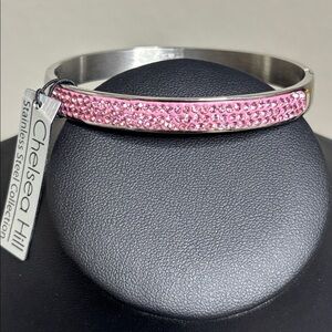 NWT Chelsea Hill Silver Stainless Steel Pink Rhinestone Clamper Bangle Bracelet